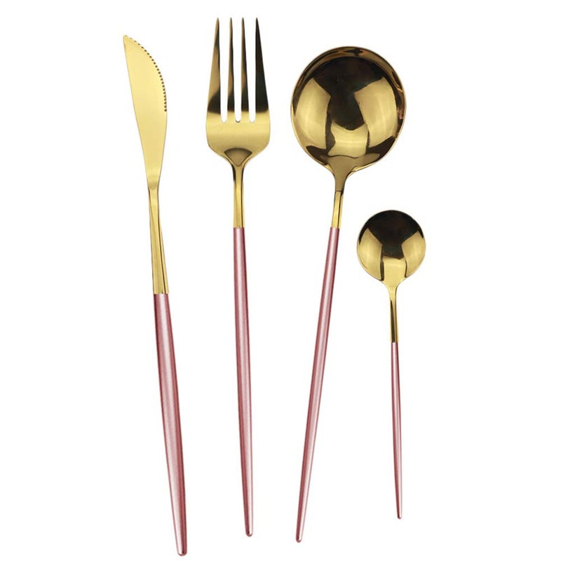 JANKNG 24-Piece Flatware Set, 18/0 Stainless Steel Knife Fork Spoon Teaspoon Silverware Set, Service for 6, Pink Handle Gold - Image 5